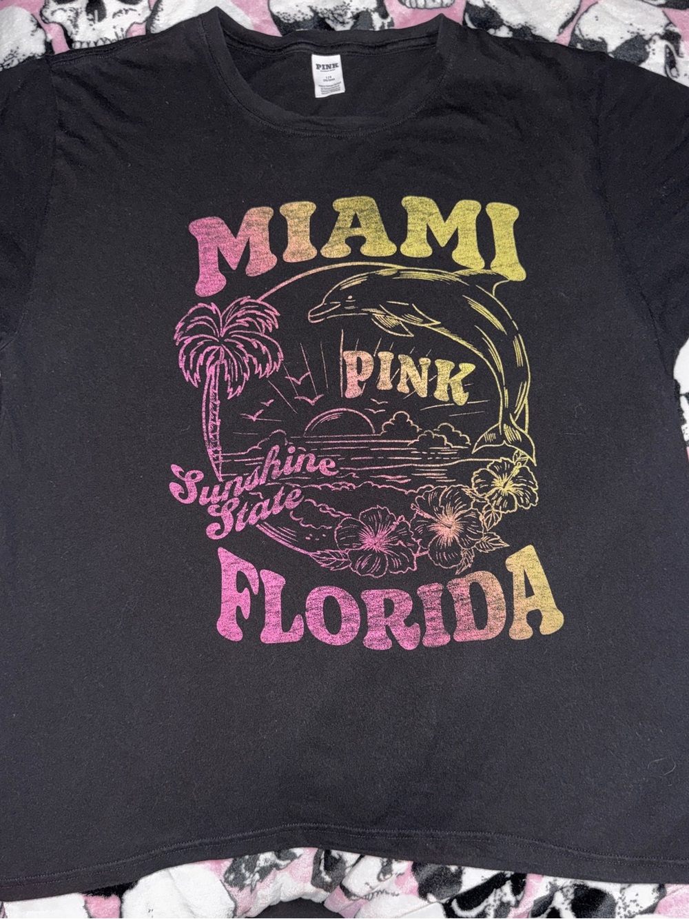 PINK Victoria's Secret Black Tee with Pink-to-Yellow Ombre Miami Florida Graphic